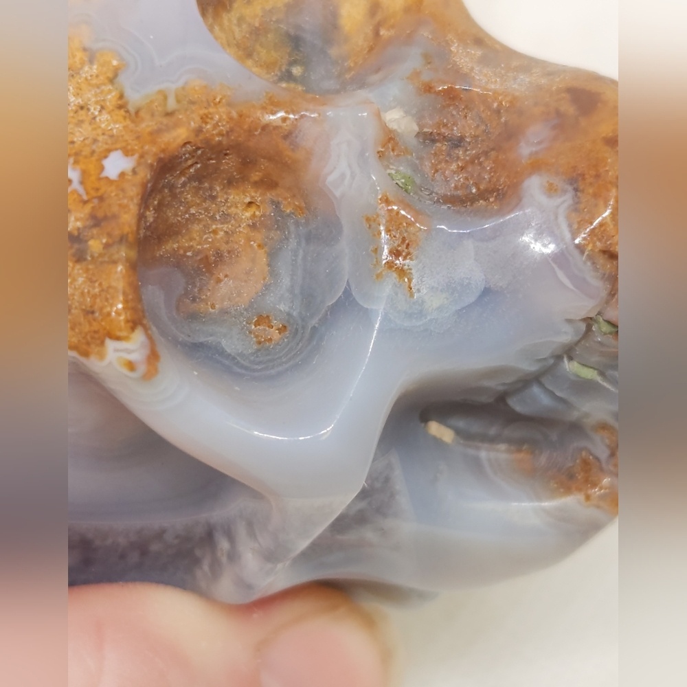 Rare Blue Banded Plume Moss Agate Skull, Druzy Quartz 💀 Crystal Collector Decor - Picture 7 of 13